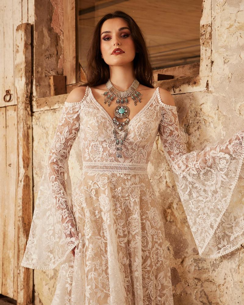 Lp2250 off the shoulder boho wedding dress with bell sleeves and a line silhouette3